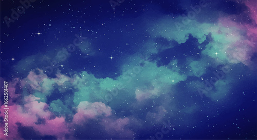 Night sky with vibrant, swirling clouds and scattered stars.