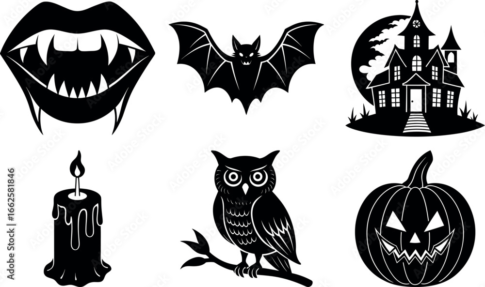 Obraz premium Halloween Silhouette Collection Vampire Lips Bat Haunted House Candle Owl Pumpkin