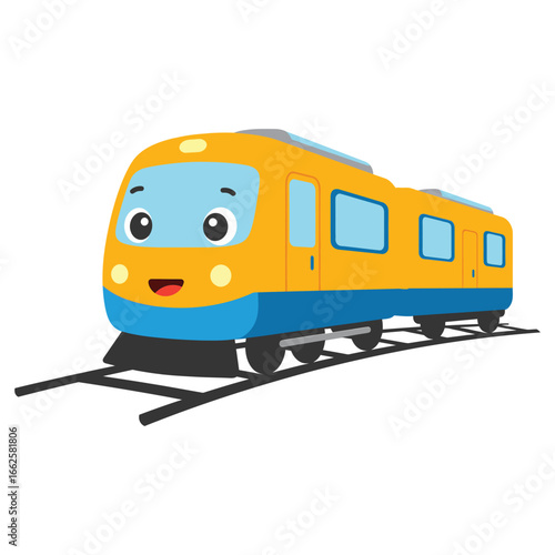 A cute cartoon yellow and blue train with a happy face on a railway track