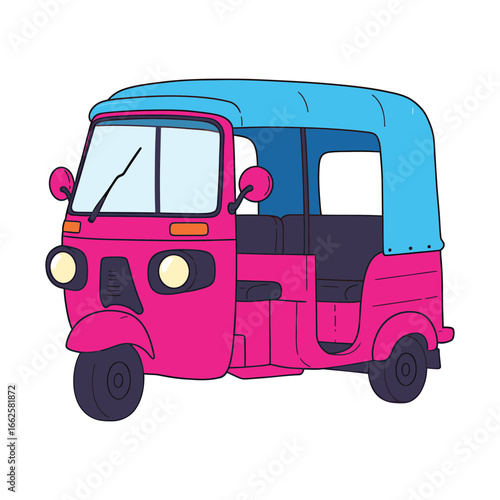 A vibrant pink tuktuk auto rickshaw with a blue canopy, isolated on a, representing a common mode of transportation in many parts of the world