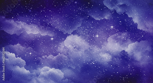 Night sky filled with fluffy clouds and countless twinkling stars, a dreamy celestial scene.