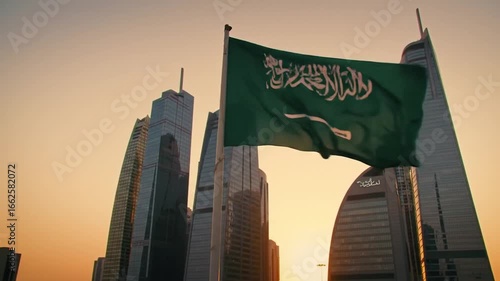 Saudi Arabia Flag Waving Against Modern Cityscape at Sunset.