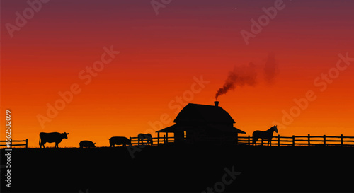 Silhouetted farmhouse at sunset, livestock grazing peacefully in a rural landscape.
