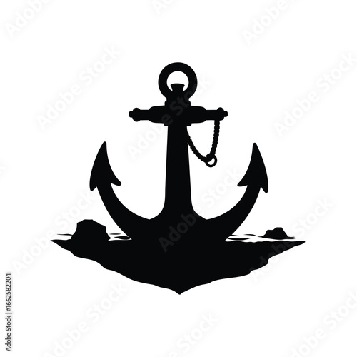 Majestic Black Anchor Silhouette Resting on Submerged Terrain in Monochrome Isolation, anchor in port silhouette vector illustration