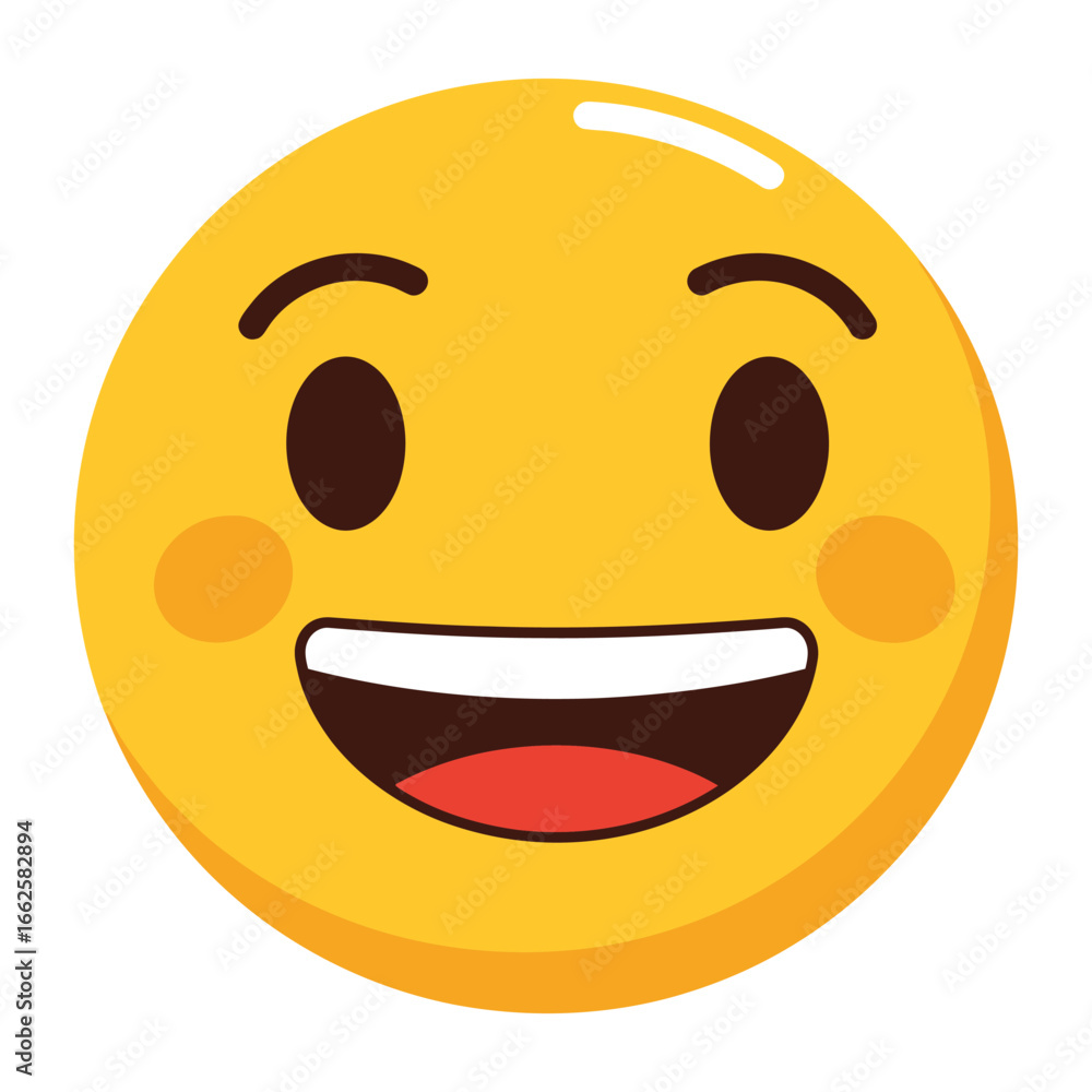 Fototapeta premium A bright yellow smiley face emoji with rosy cheeks and a wide open mouth, conveying happiness and joy, isolated on a