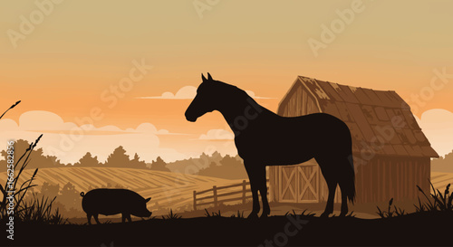 Silhouette of a horse and pig in a farm landscape with a barn at sunset.