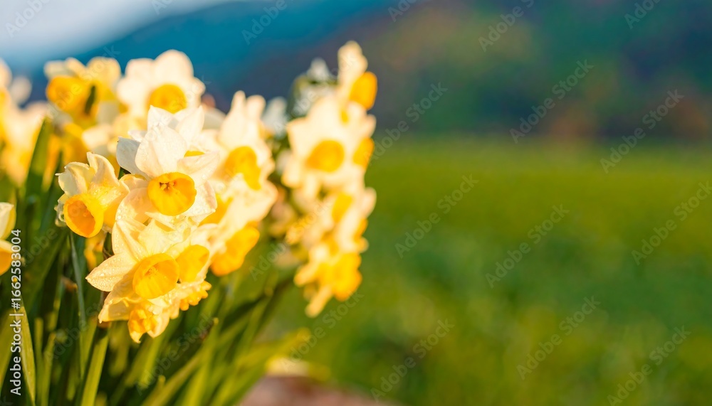 Fototapeta premium Daffodils in a field at sunrise