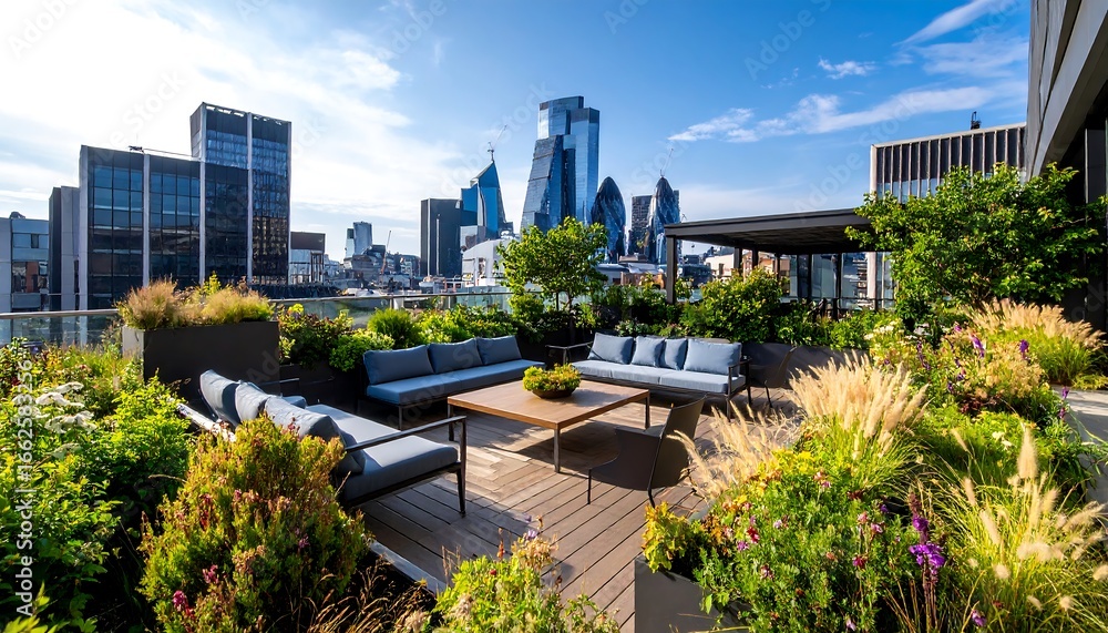 Obraz premium Urban rooftop terrace with city view