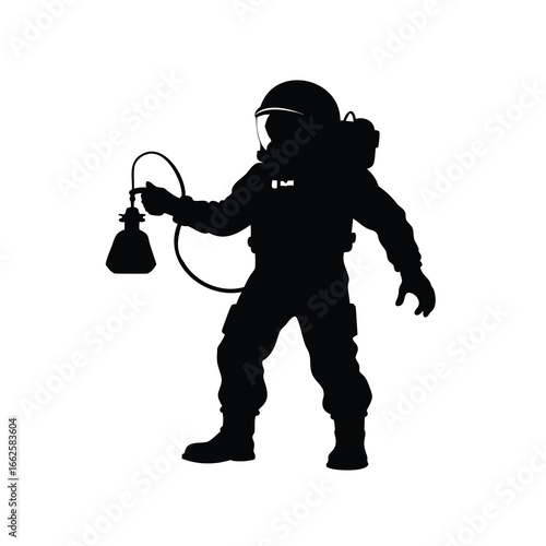 A silhouette of a person in a hazmat suit holding a lamp, astronaut conducting experiment silhouette vector illustration