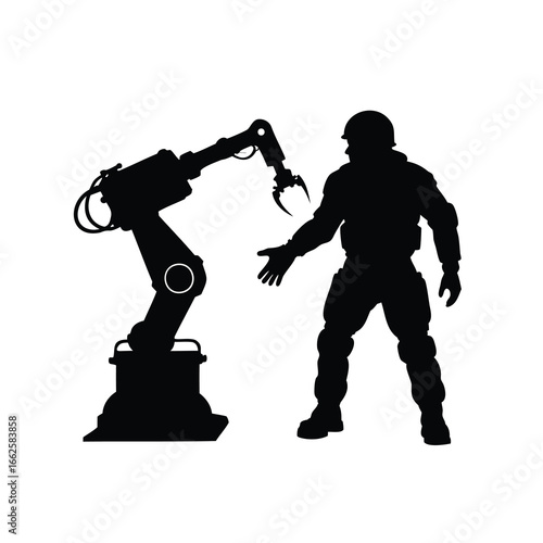 Industrial automation partnership concept, collaboration between human and robot technology, astronaut controlling robotic arm silhouette vector illustration