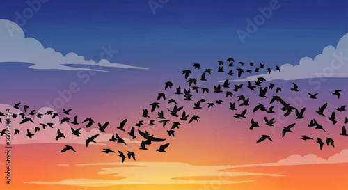 A large flock of birds in silhouette flies in a graceful, swirling pattern across a vibrant sunset sky.