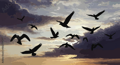 Silhouette birds soar through a dramatic sunset sky filled with clouds.