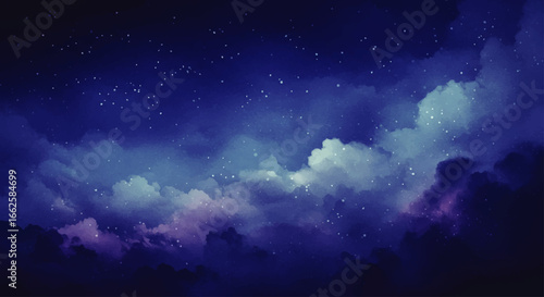 A serene night sky painting with fluffy, luminous clouds and twinkling stars.