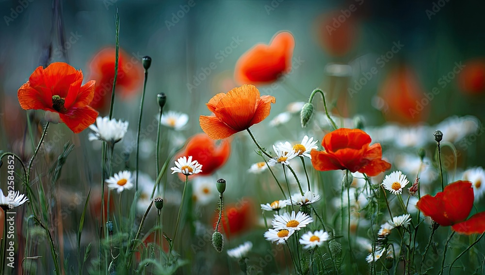 Obraz premium Vibrant red poppies and white daisies in a field (1)