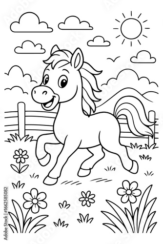 Coloring page of horse for kids coloring book