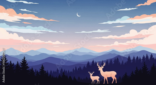 Two deer stand in a forest clearing with mountains visible in the background under a cloudy sky and crescent moon.
