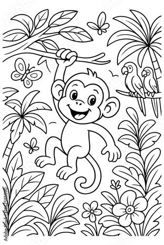 Coloring page of cute monkey for kids coloring book