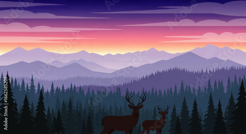 Silhouette deer in a tranquil mountain forest landscape at sunset.