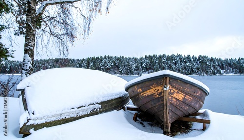 Two wooden boats covered in snow by a lake