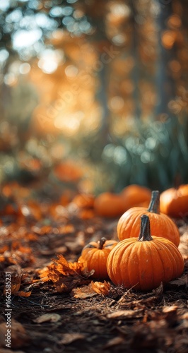 Autumnal pumpkins nestled amongst fallen leaves in a sunlit forest
