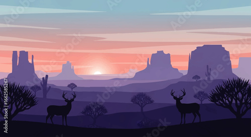 Serene desert sunrise with silhouetted deer and majestic mesas.