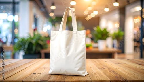 Eco-friendly white canvas tote bag mockup standing on a wooden table with a blurred modern cafe background for branding and design