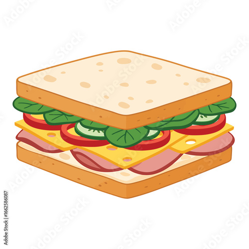 A cartoon illustration of a stacked sandwich with ham and cheese