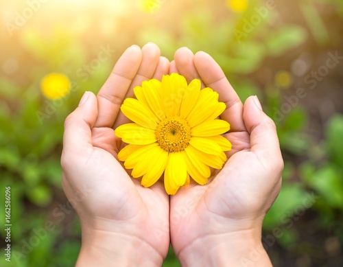 Close-up of hands gently holding a yellow flower (1)