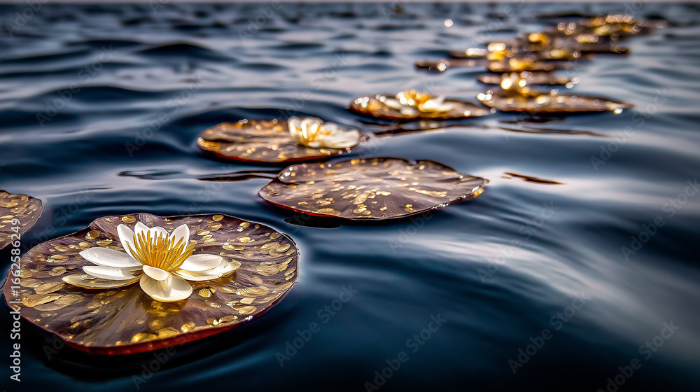 Floating golden petals on a gently undulating amber sea surreal minimal composition
