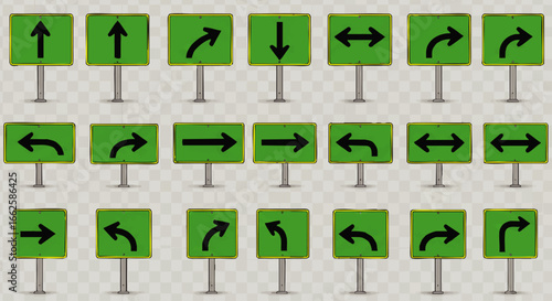 Set of green directional arrow traffic signs showing different paths and turns for navigation, representing concepts of choice and guidance.