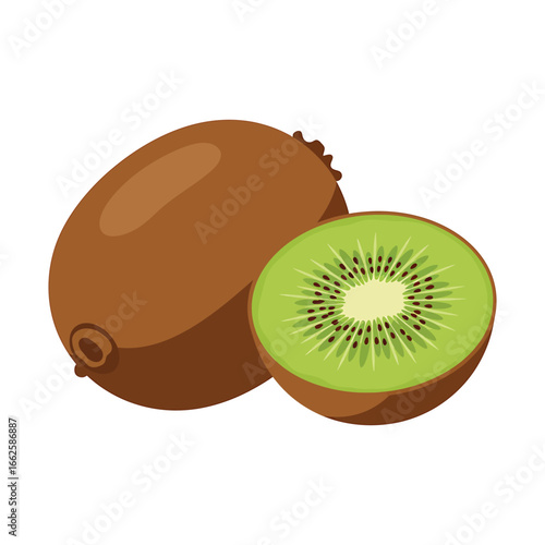 A whole, brown, fuzzy kiwi fruit next to a perfectly sliced half, showcasing its vibrant green flesh and tiny black seeds, isolated on a for healthy eating visuals