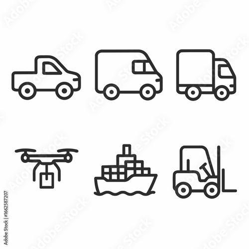 Minimalist Line Icons of Logistics and Transportation Vehicles – Pickup Truck, Cargo Van, Semi Truck, Delivery Drone, Cargo Ship, Forklift
