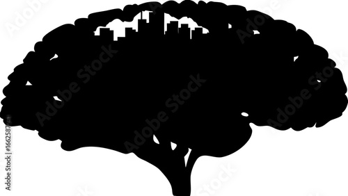 Silhouette of a tree with a cityscape integrated into the canopy in a black and white illustration