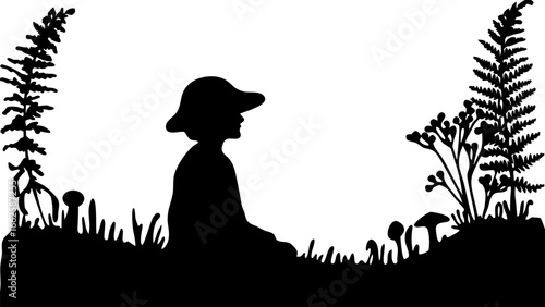 Silhouette of person in hat sitting among ferns, grass, and mushrooms in a black and white landscape