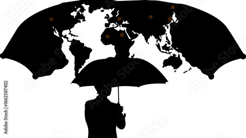 Silhouette of person holding umbrella with world map overlay and brown dots marking locations across continents