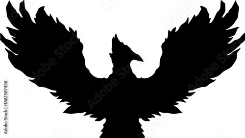 Silhouette of a bird with outstretched wings against a white background is prominently displayed here