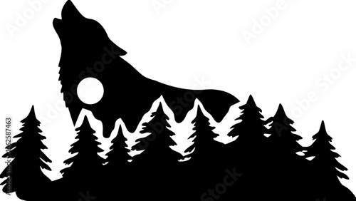 Silhouette of a howling wolf with a moon inside, mountains and trees in a black and white landscape scene
