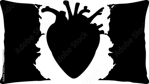 Anatomical heart silhouette between two abstract shapes in black and white monochrome illustration
