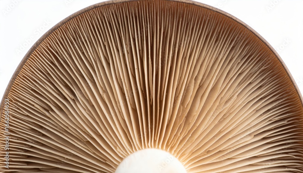 Fototapeta premium Close up of mushroom gills texture with copy space background, perfect for nature studies, fungi concepts, organic food visuals, botanical details, and culinary design projects.