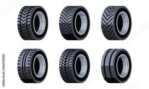 Six detailed illustrations of car tires with diverse tread designs on a white background