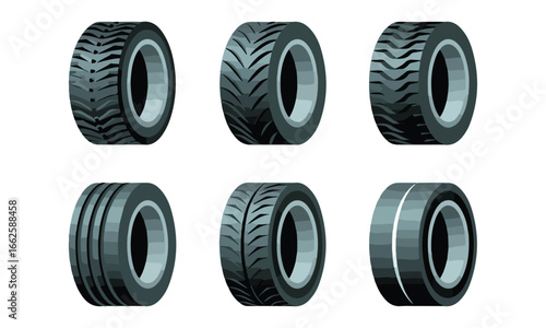 Six stylized car tire illustrations featuring varied tread designs and grey rims on white