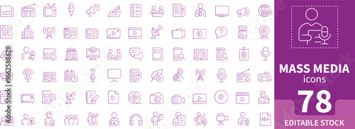 A professional line icon for mass media and broadcasting. Perfect for topics related to news, television, and journalism, with a clean and modern outline style.Editable stock.