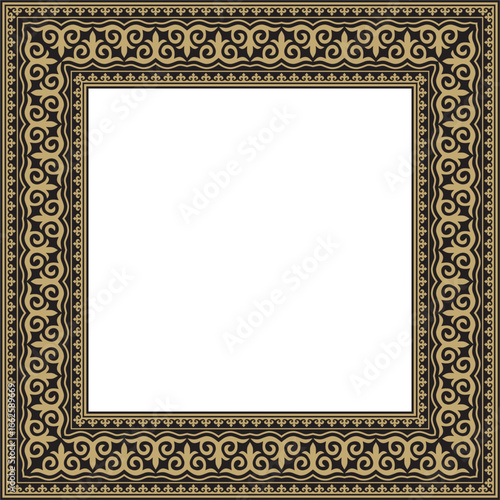 Vector gold with black square Kazakh national ornament. Ethnic pattern of the peoples of the Great Steppe,
