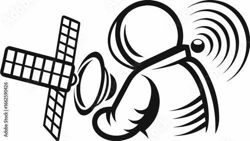 Illustration of a satellite dish with grid panels and a person communicating with the satellite dish silhouette
