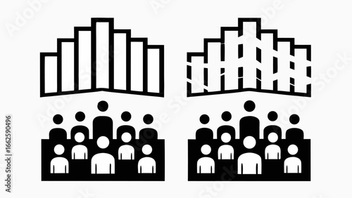 Two groups of people watching bar graphs one normal and the other damaged showing different perspectives silhouette