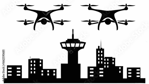 Two drones flying over a city skyline with buildings and a tower in a black and white silhouette image