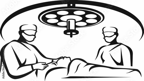 Illustration of surgeons operating on a patient under surgical lights in a hospital room setting silhouette