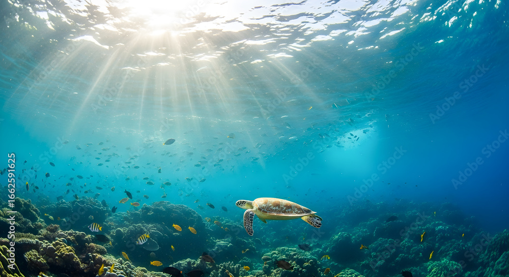 Fototapeta premium Underwater scene with sea turtle and vibrant coral reef bathed in sunlight, ocean life
