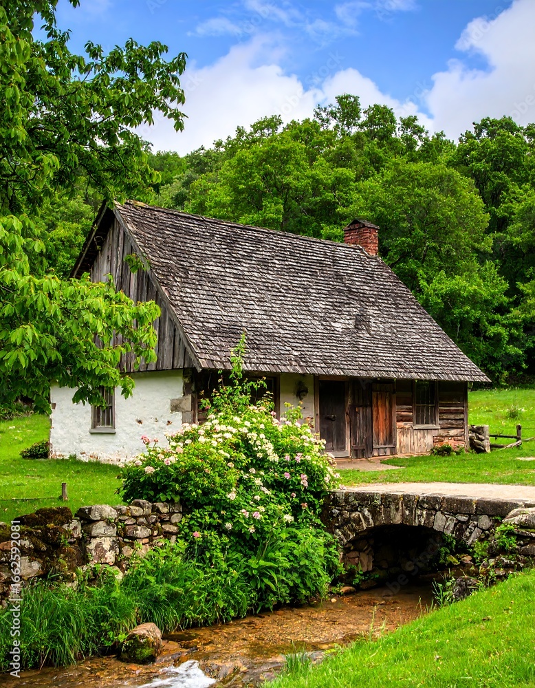 Fototapeta premium Rustic Cabin by Creek, Spring Day, Green Valley