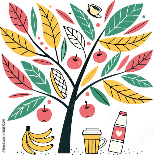 Fruit Tree with Coffee, Banana, and Milk – Healthy Lifestyle and Nature Concept Vector